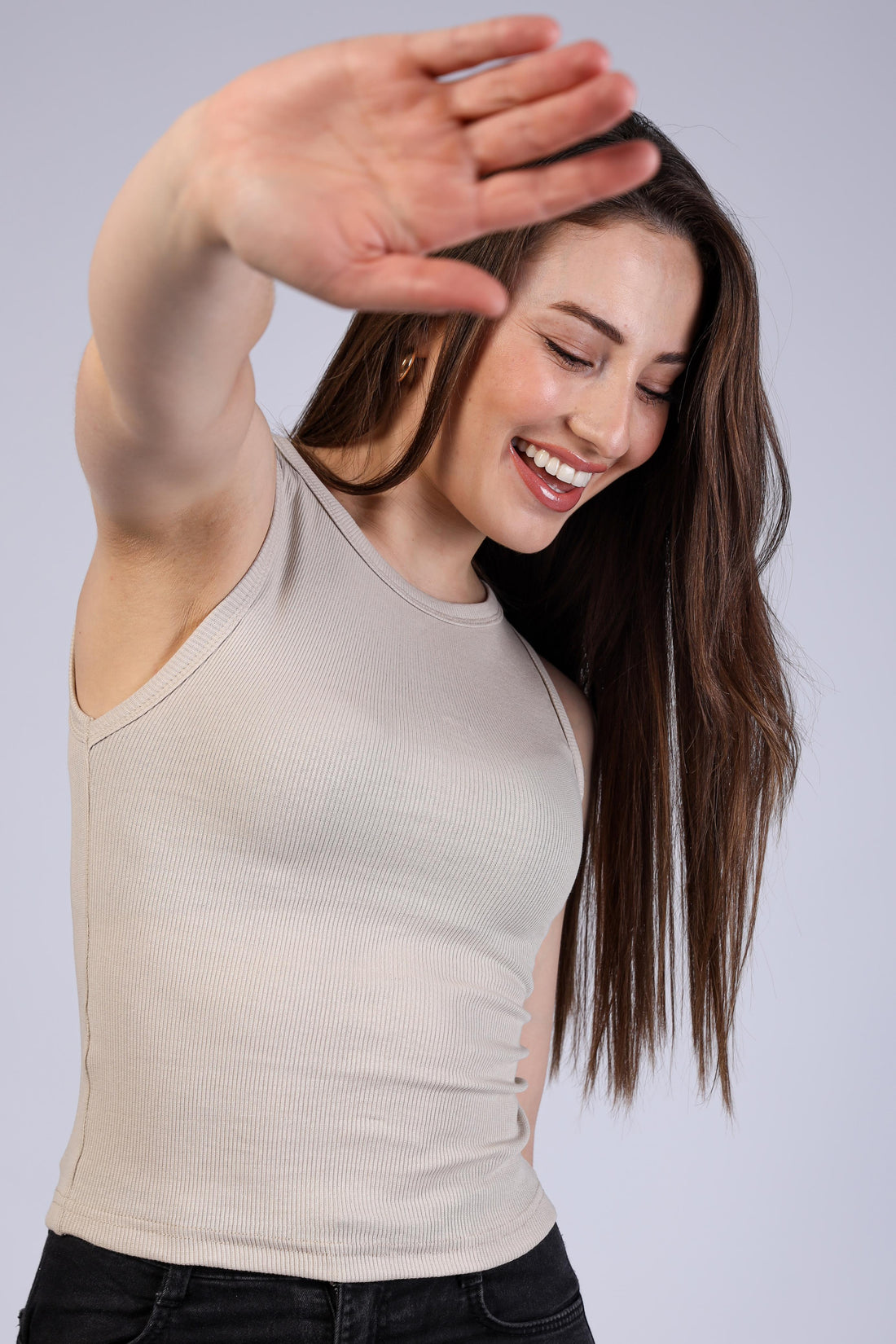 Crew Neck  Beige Tank Top